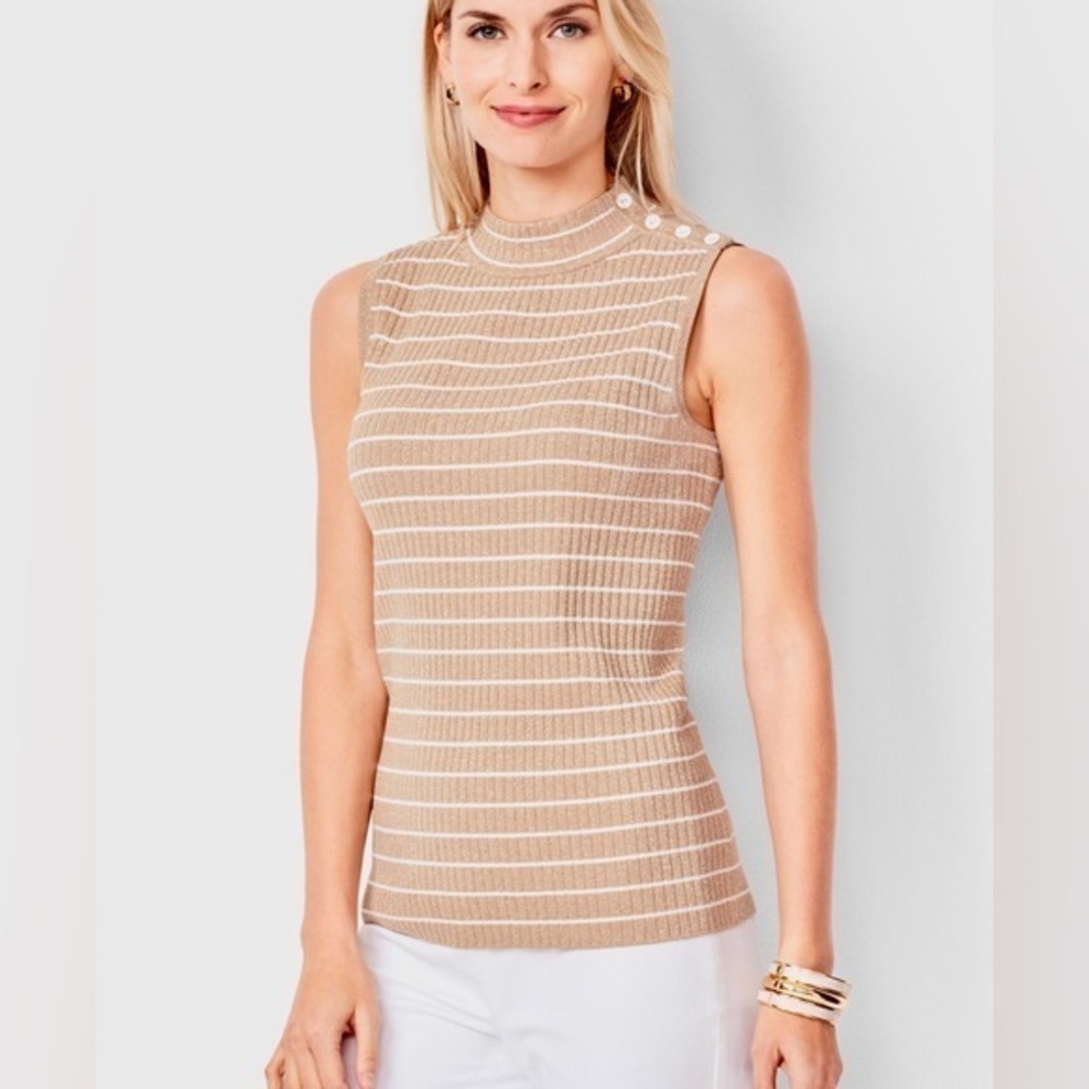 TALBOTS SLEEVELESS RIBBED MOCK NECK SWEATER METALLIC STRIPE WOMEN’S LARGE